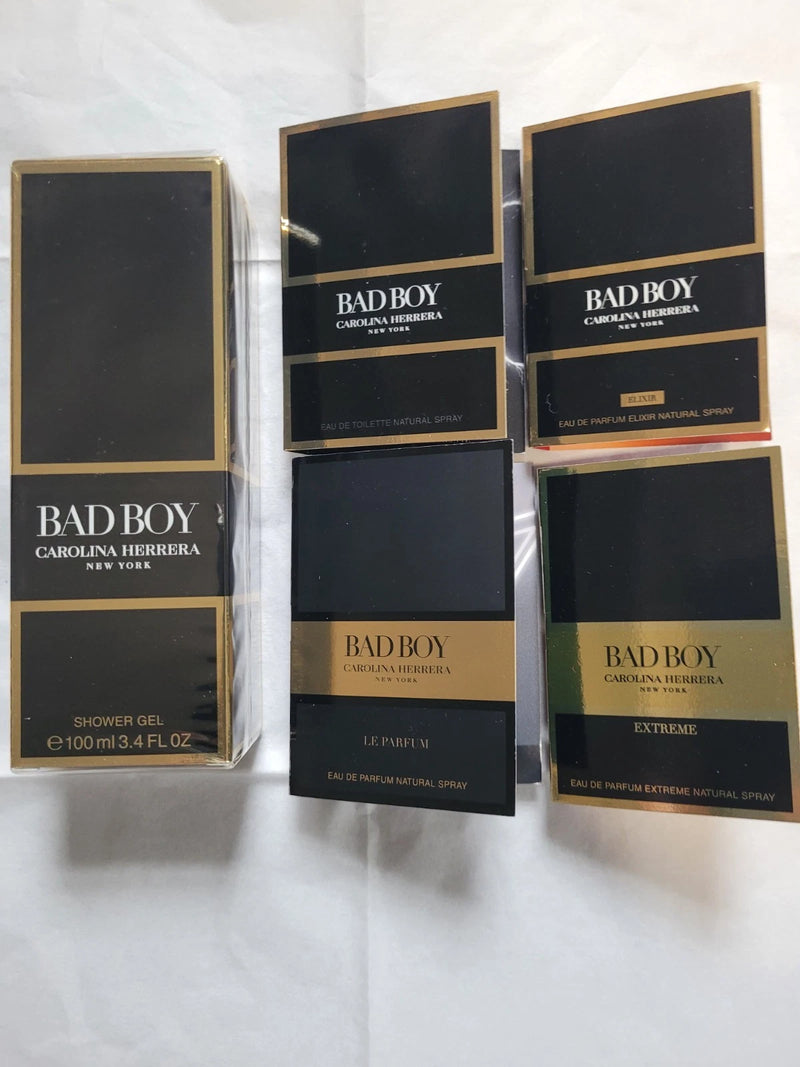 Bad Boy by Carolina Herrera 3.4 fl oz Shower Gel & 4 × BAD BOY Sample Sprays Gift Set